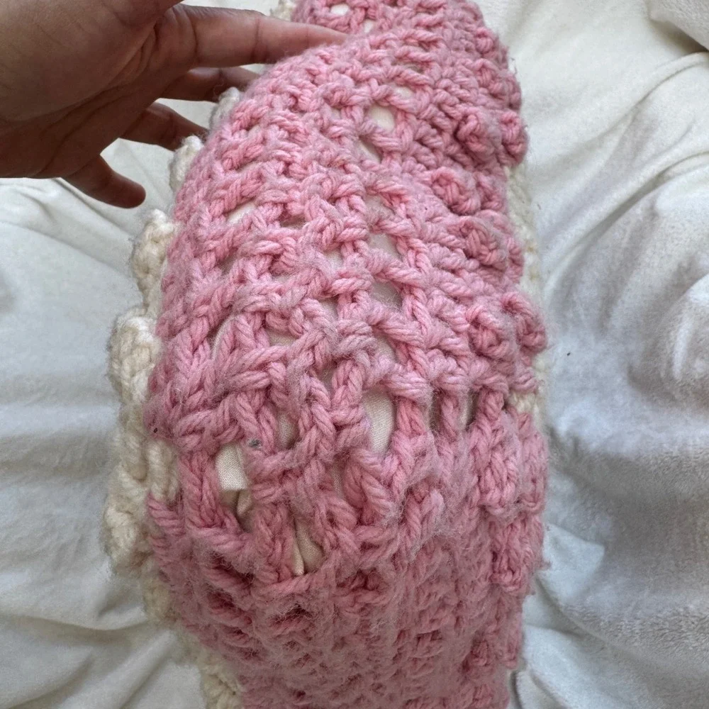 Handmade Crochet Rose Throw Pillow 15x15 Pink Cream Vintage Cottage 3D Floral